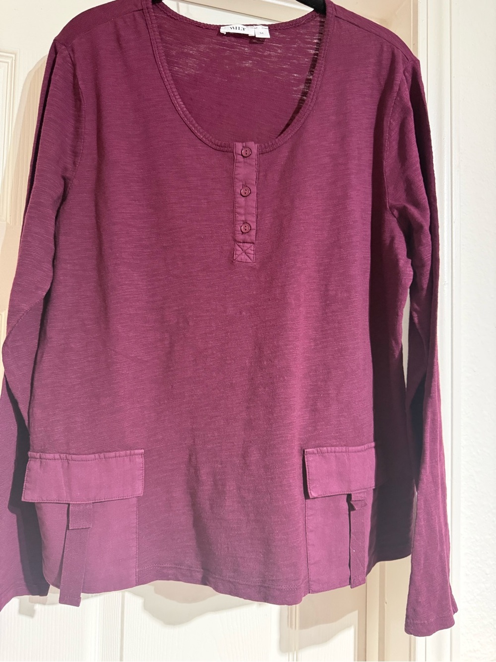 WILT Burgundy V- Neck Long Sleeve T-shirt Cotton Tunic , Size M, NEW no tag.